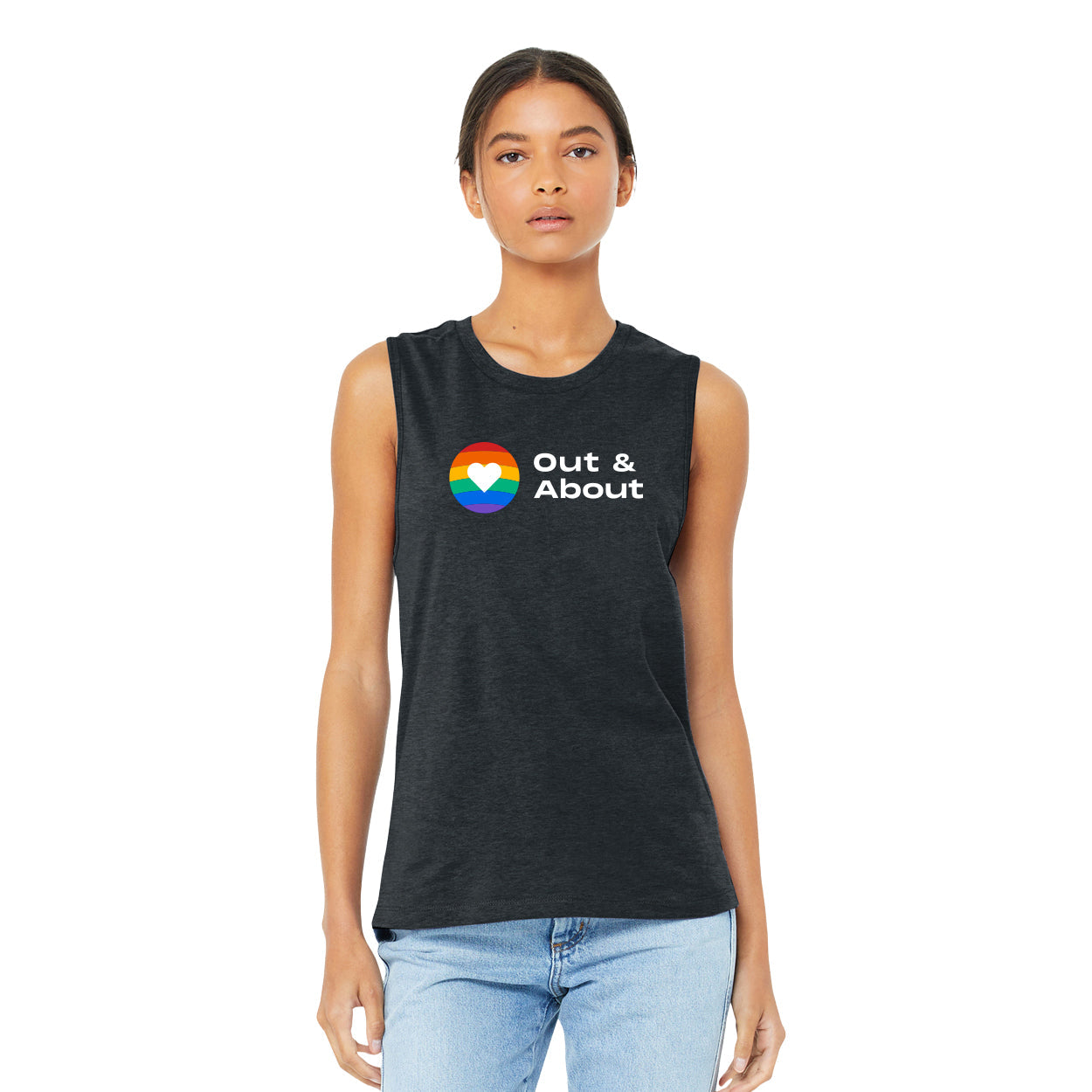 OUT AND ABOUT LOGO BELLA MUSCLE TEE