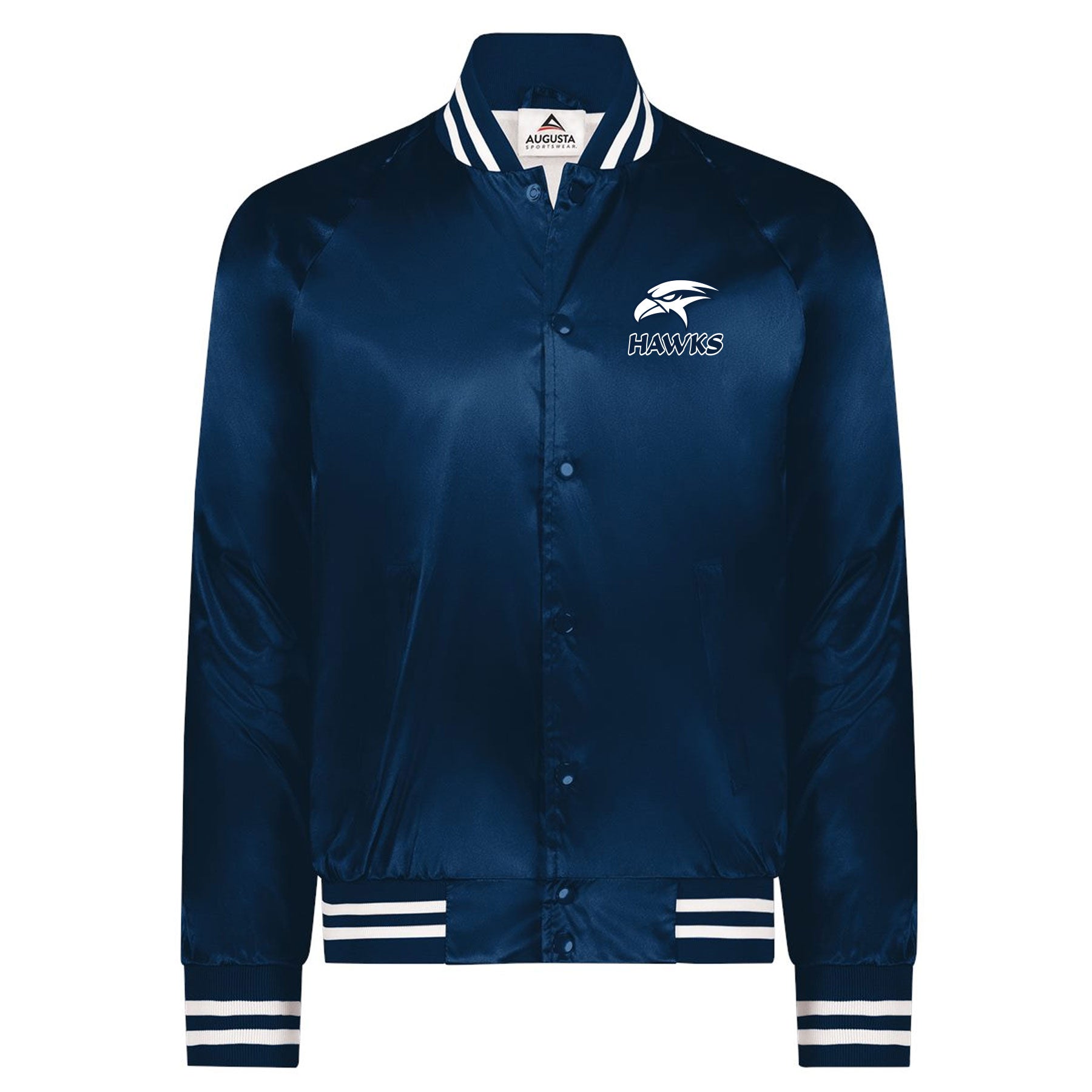 HAWKS BASEBALL LEFT CHEST EMBROIDERY SATIN BASEBALL JACKET STRIPED TRIM