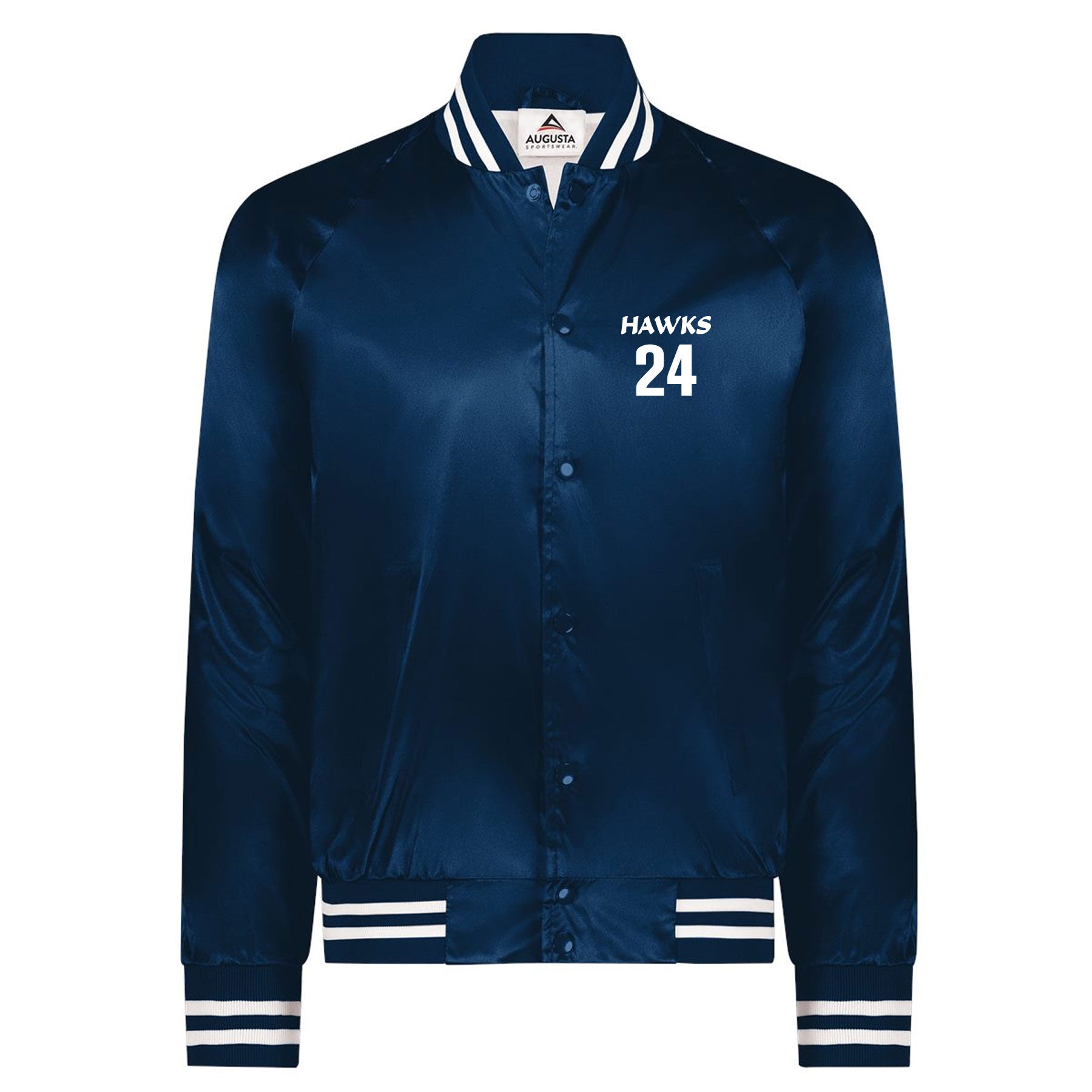 HAWKS BASEBALL LEFT CHEST EMBROIDERY SATIN BASEBALL JACKET STRIPED TRIM