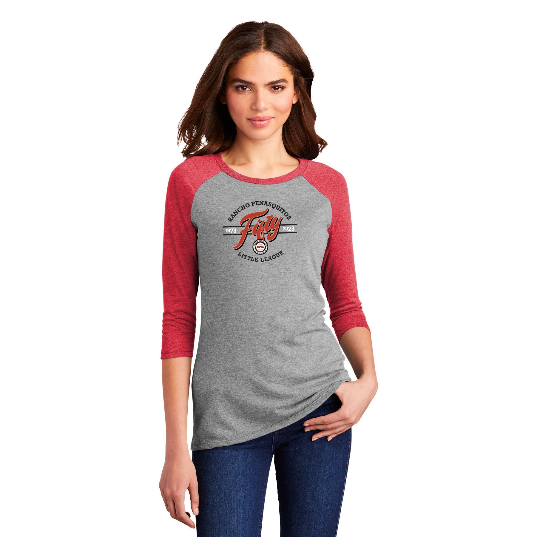 FIFTY SCRIPT WOMEN'S 3/4-SLEEVE RAGLAN - RED OUTLINE