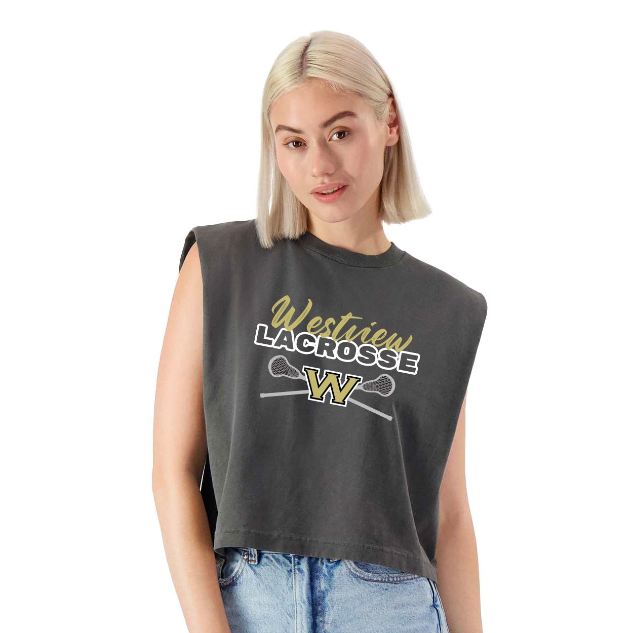 WESTVIEW LACROSSE SCRIPT GARMENT-DYED WOMEN'S HEAVYWEIGHT MUSCLE TEE