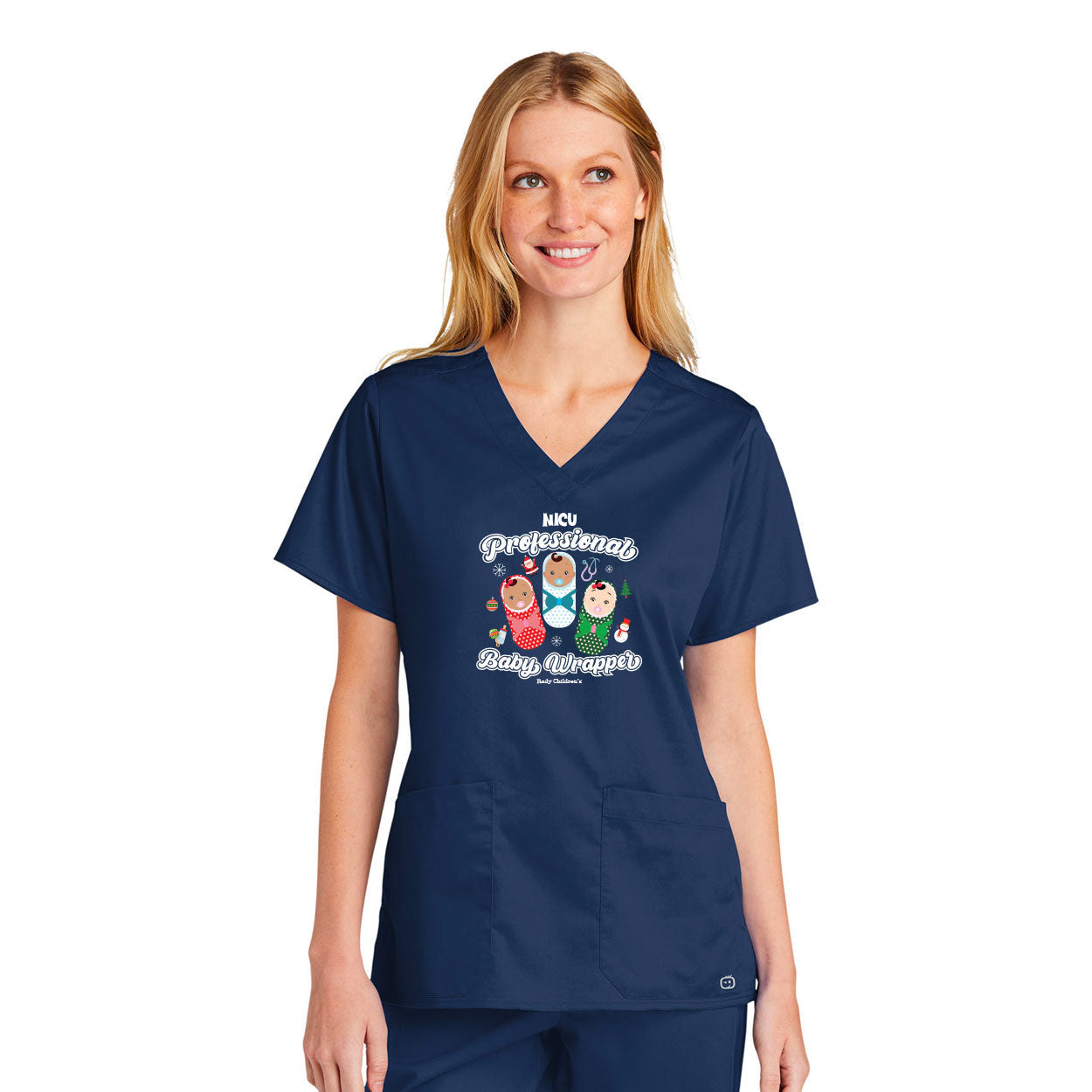 RADY CHILDREN'S NICU CHRISTMAS WONDERWINK WOMEN'S WORKFLEX V-NECK TOP
