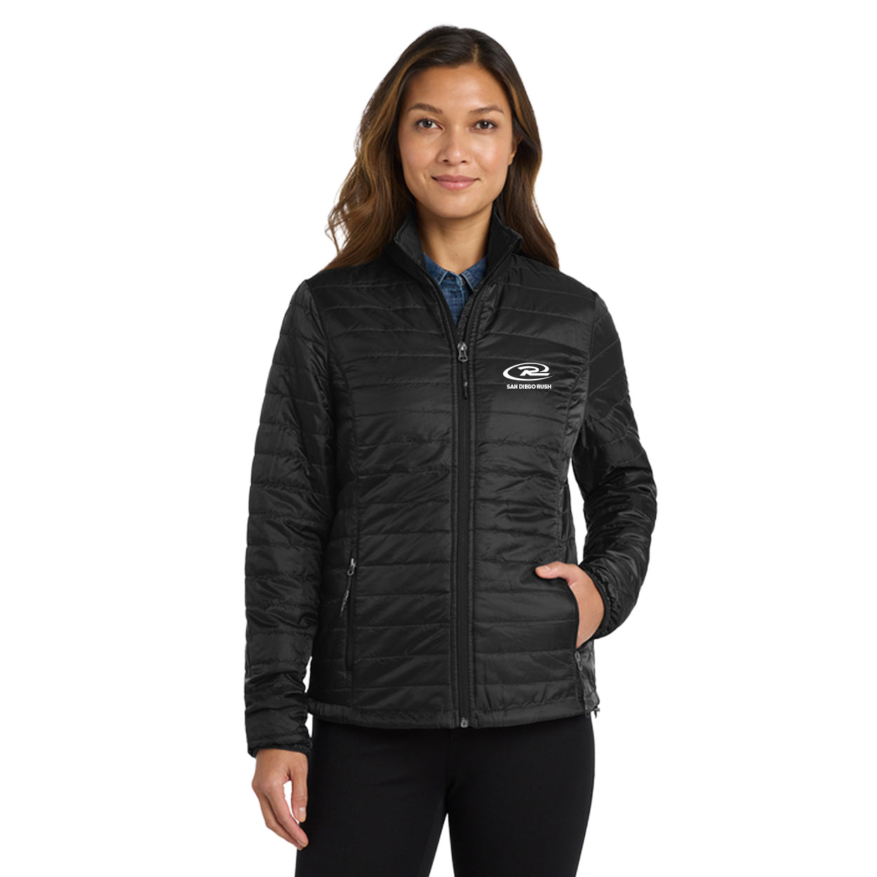 SAN DIEGO RUSH EMBROIDERED LOGO LADIES PACKABLE PUFFY JACKET