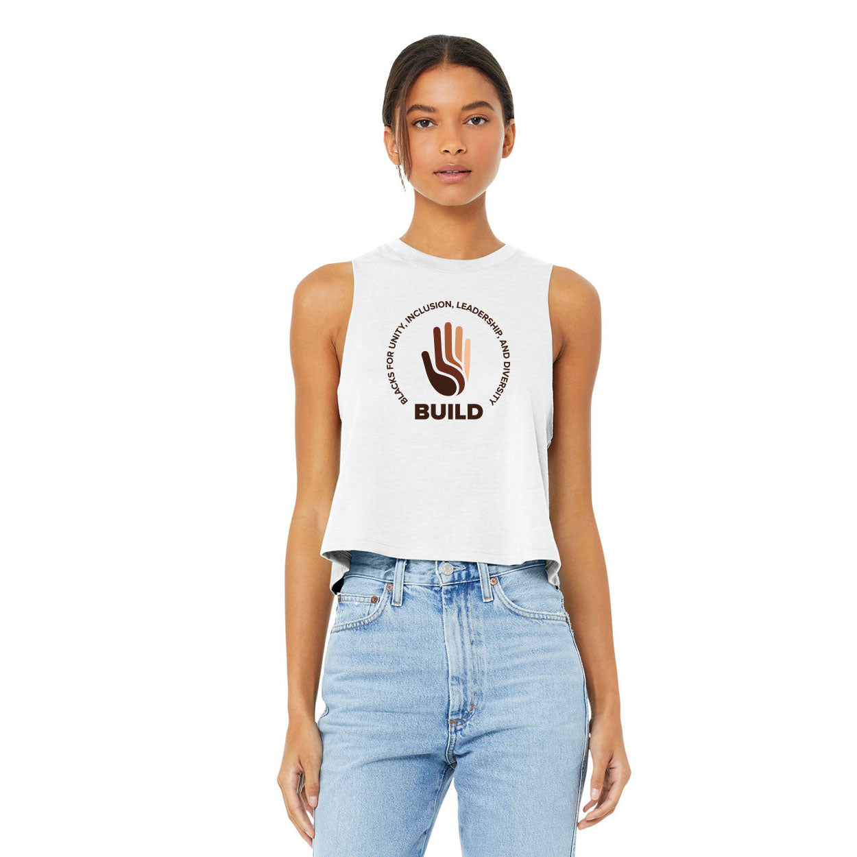 BUILD LOGO DISTRESSED - BELLA+CANVAS RACERBACK CROPPED TANK