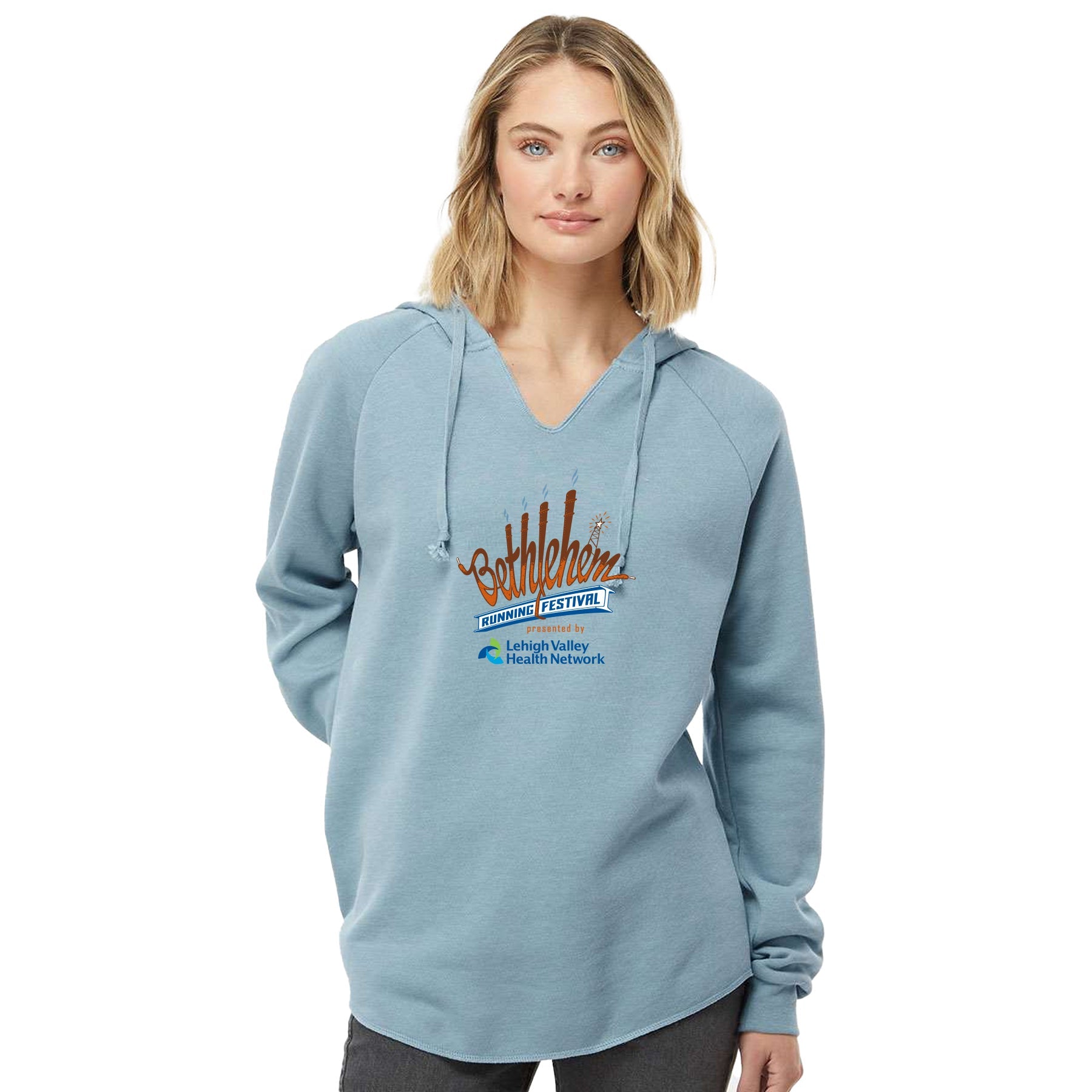 BETHLEHEM RUNNING FESTIVAL LOGO WOMENÕS LIGHTWEIGHT CALIFORNIA WAVE WASH HOODED SWEATSHIRT