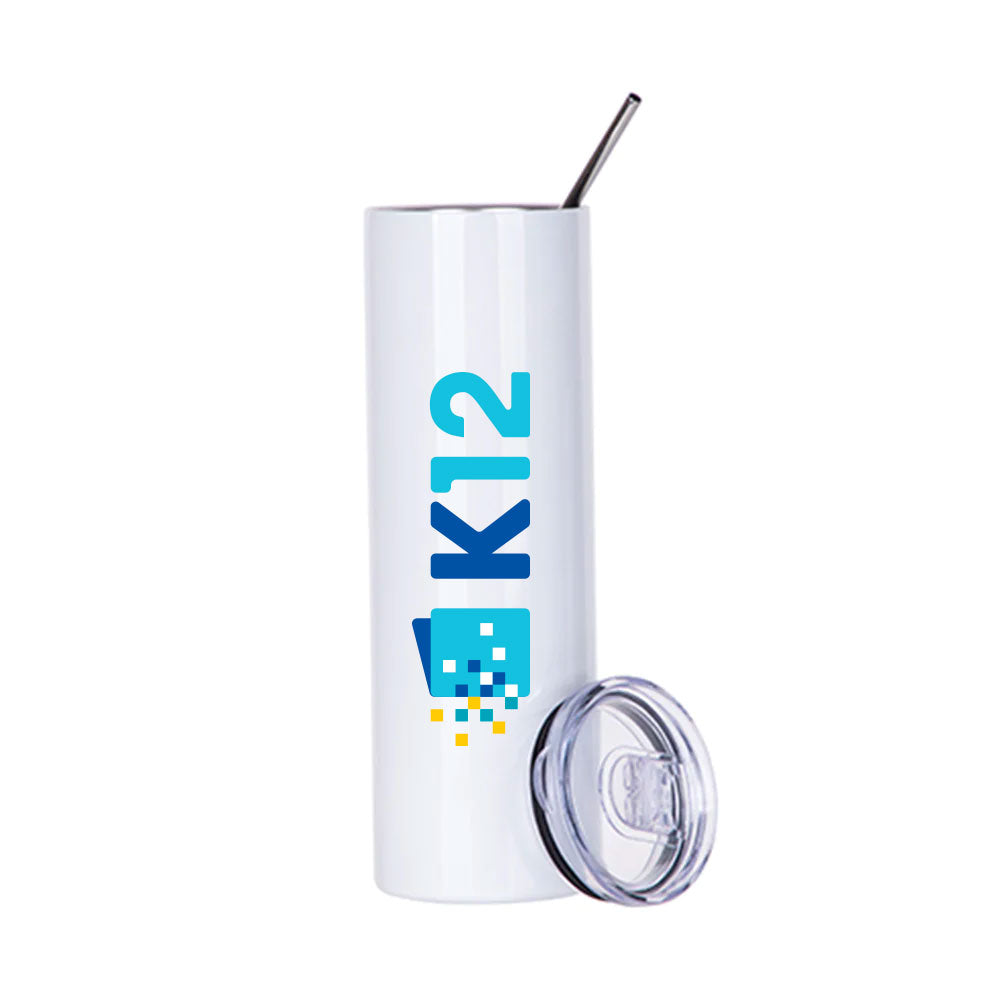 K12 LOGO STAINLESS STEEL SKINNY TUMBLER - 20OZ - WHITE - CLEAR LID AND STRAW